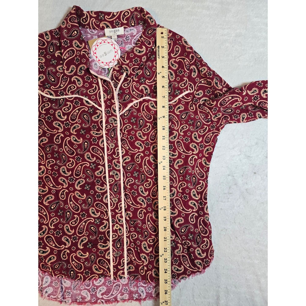 Umgee Burgundy Paisley Corduroy Western Button Down Shirt Raw Hem Large New - Picture 8 of 9